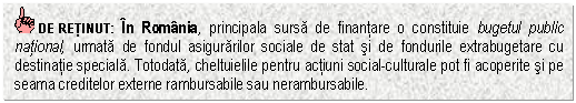 Text Box: DE RETINUT: In Romania, principala sursa de finantare o constituie bugetul public national, urmata de fondul asigurarilor sociale de stat si de fondurile extrabugetare cu destinatie speciala. Totodata, cheltuielile pentru actiuni social-culturale pot fi acoperite si pe seama creditelor externe rambursabile sau nerambursabile.

