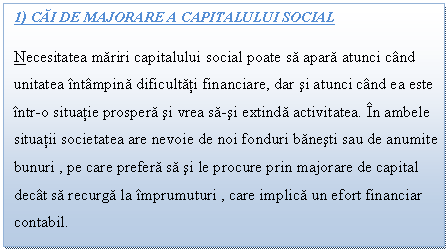 Text Box: 1) CAI DE MAJORARE A CAPITALULUI SOCIAL
Necesitatea mariri capitalului social poate sa apara atunci cand
unitatea intampina dificultati financiare, dar si atunci cand ea este
intr-o situatie prospera si vrea sa-si extinda activitatea. In ambele 
situatii societatea are nevoie de noi fonduri banesti sau de anumite
bunuri , pe care prefera sa si le procure prin majorare de capital 
decat sa recurga la imprumuturi , care implica un efort financiar 
contabil.
