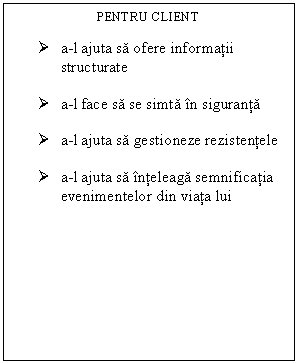 Text Box: PENTRU CLIENT

Ø	a-l ajuta sa ofere informatii structurate 

Ø	a-l face sa se simta in siguranta

Ø	a-l ajuta sa gestioneze rezistentele

Ø	a-l ajuta sa inteleaga semnificatia evenimentelor din viata lui

