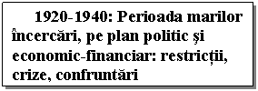 Text Box: 1920-1940: Perioada marilor incercari, pe plan politic si economic-financiar: restrictii, crize, confruntari