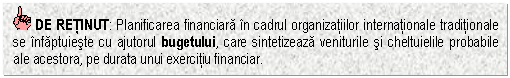 Text Box: DE RETINUT: Planificarea financiara in cadrul organizatiilor internationale traditionale se infaptuieste cu ajutorul bugetului, care sintetizeaza veniturile si cheltuielile probabile ale acestora, pe durata unui exercitiu financiar. 


