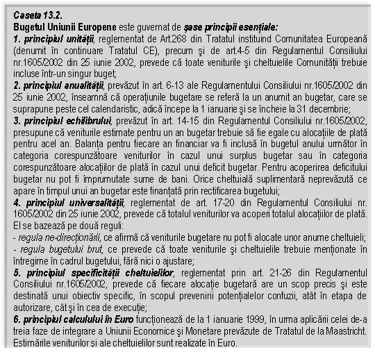 Text Box: Caseta 13.2.
Bugetul Uniunii Europene este guvernat de sase principii esentiale: 
1. principiul unitatii, reglementat de Art.268 din Tratatul instituind Comunitatea Europeana (denumit in continuare Tratatul CE), precum si de art.4-5 din Regulamentul Consiliului nr.1605/2002 din 25 iunie 2002, prevede ca toate veniturile si cheltuielile Comunitatii trebuie incluse intr-un singur buget;
2. principiul anualitatii, prevazut in art. 6-13 ale Regulamentului Consiliului nr.1605/2002 din 25 iunie 2002, inseamna ca operatiunile bugetare se refera la un anumit an bugetar, care se suprapune peste cel calendaristic, adica incepe la 1 ianuarie si se incheie la 31 decembrie;
3. principiul echilibrului, prevazut in art. 14-15 din Regulamentul Consiliului nr.1605/2002, presupune ca veniturile estimate pentru un an bugetar trebuie sa fie egale cu alocatiile de plata pentru acel an. Balanta pentru fiecare an financiar va fi inclusa in bugetul anului urmator in categoria corespunzatoare veniturilor in cazul unui surplus bugetar sau in categoria corespunzatoare alocatiilor de plata in cazul unui deficit bugetar. Pentru acoperirea deficitului bugetar nu pot fi imprumutate sume de bani. Orice cheltuiala suplimentara neprevazuta ce apare in timpul unui an bugetar este finantata prin rectificarea bugetului; 
4. principiul universalitatii, reglementat de art. 17-20 din Regulamentul Consiliului nr. 1605/2002 din 25 iunie 2002, prevede ca totalul veniturilor va acoperi totalul alocatiilor de plata. El se bazeaza pe doua reguli:
- regula ne-directionarii, ce afirma ca veniturile bugetare nu pot fi alocate unor anume cheltuieli;
- regula bugetului brut, ce prevede ca toate veniturile si cheltuielile trebuie mentionate in intregime in cadrul bugetului, fara nici o ajustare;
5. principiul specificitatii cheltuielilor, reglementat prin art. 21-26 din Regulamentul Consiliului nr.1605/2002, prevede ca fiecare alocatie bugetara are un scop precis si este destinata unui obiectiv specific, in scopul prevenirii potentialelor confuzii, atat in etapa de autorizare, cat si in cea de executie; 
6. principiul calculului in Euro functioneaza de la 1 ianuarie 1999, in urma aplicarii celei de-a treia faze de integrare a Uniunii Economice si Monetare prevazute de Tratatul de la Maastricht. Estimarile veniturilor si ale cheltuielilor sunt realizate in Euro. 

