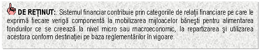 Text Box: DE RETINUT:. Sistemul financiar contribuie prin categoriile de relatii financiare pe care le exprima fiecare veriga componenta la mobilizarea mijloacelor banesti pentru alimentarea fondurilor ce se creeaza la nivel micro sau macroeconomic, la repartizarea si utilizarea acestora conform destinatiei pe baza reglementarilor in vigoare.


