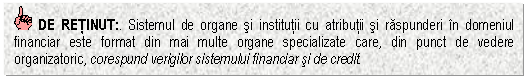 Text Box: DE RETINUT:. Sistemul de organe si institutii cu atributii si raspunderi in domeniul financiar este format din mai multe organe specializate care, din punct de vedere organizatoric, corespund verigilor sistemului financiar si de credit.



