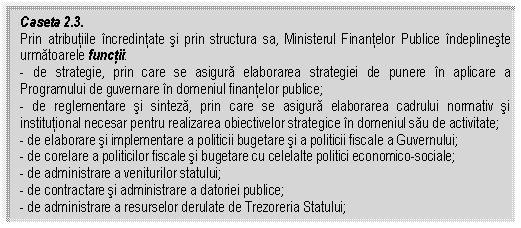 Text Box: Caseta 2.3.
Prin atributiile incredintate si prin structura sa, Ministerul Finantelor Publice indeplineste urmatoarele functii:
- de strategie, prin care se asigura elaborarea strategiei de punere in aplicare a Programului de guvernare in domeniul finantelor publice;
- de reglementare si sinteza, prin care se asigura elaborarea cadrului normativ si institutional necesar pentru realizarea obiectivelor strategice in domeniul sau de activitate;
- de elaborare si implementare a politicii bugetare si a politicii fiscale a Guvernului;
- de corelare a politicilor fiscale si bugetare cu celelalte politici economico-sociale;
- de administrare a veniturilor statului;
- de contractare si administrare a datoriei publice;
- de administrare a resurselor derulate de Trezoreria Statului;

