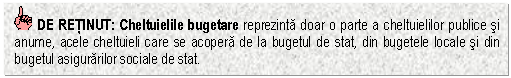 Text Box: DE RETINUT: Cheltuielile bugetare reprezinta doar o parte a cheltuielilor public 626b18g e si anume, acele cheltuieli care se acopera de la bugetul de stat, din bugetele locale si din bugetul asigurarilor sociale de stat.

