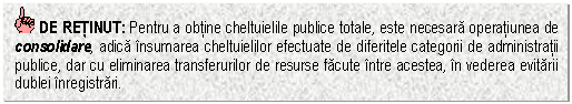 Text Box: DE RETINUT: Pentru a obtine cheltuielile publice totale, este necesara operatiunea de consolidare, adica insumarea cheltuielilor efectuate de diferitele categorii de administratii publice, dar cu eliminarea transferurilor de resurse facute intre acestea, in vederea evitarii dublei inregistrari.


