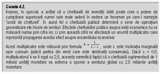 Text Box: Caseta 4.2.
Keynes, in special, a aratat ca o cheltuiala de investitii data poate crea o putere de cumparare superioara sumei sale reale avand in vedere un fenomen pe care-l numeste 