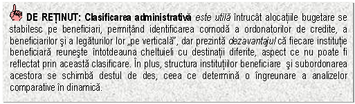 Text Box: DE RETINUT: Clasificarea administrativa este utila intrucat alocatiile bugetare se stabilesc pe beneficiari, permitand identificarea comoda a ordonatorilor de credite, a beneficiarilor si a legaturilor lor 