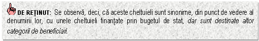 Text Box: DE RETINUT: Se observa, deci, ca aceste cheltuieli sunt sinonime, din punct de vedere al denumirii lor, cu unele cheltuieli finantate prin bugetul de stat, dar sunt destinate altor categorii de beneficiari.