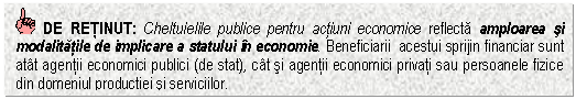 Text Box: DE RETINUT: Cheltuielile publice pentru actiuni economice reflecta amploarea si modalitatile de implicare a statului in economie. Beneficiarii acestui sprijin financiar sunt atat agentii economici publici (de stat), cat si agentii economici privati sau persoanele fizice din domeniul productiei si serviciilor.