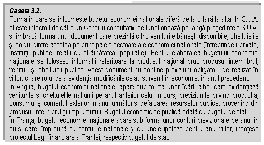 Text Box: Caseta 3.2.
Forma in care se intocmeste bugetul economiei nationale difera de la o tara la alta. In S.U.A. el este intocmit de catre un Consiliu consultativ, ce functioneaza pe langa presedintele S.U.A. si imbraca forma unui document care prezinta cifric veniturile banesti disponibile, cheltuielile si soldul dintre acestea pe principalele sectoare ale economiei nationale (intreprinderi private, institutii publice, relatii cu strainatatea, populatie). Pentru elaborarea bugetului economiei nationale se folosesc informatii referitoare la produsul national brut, produsul intern brut, venituri si cheltuieli publice. Acest document nu contine previziuni obligatorii de realizat in viitor, ci are rolul de a evidentia modificarile ce au survenit in economie, in anul precedent.
In Anglia, bugetul economiei nationale, apare sub forma unor 