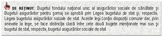 Text Box: DE RETINUT: Bugetul fondului national unic al asigurarilor sociale de sanatate si Bugetul asigurarilor pentru somaj se aproba prin Legea bugetului de stat si, respectiv, Legea bugetului asigurarilor sociale de stat. Aceste legi contin dispozitii comune dar, prin anexele la lege, se face distinctia clara intre cele doua bugete mentionate mai sus si bugetul de stat, respectiv, bugetul asigurarilor sociale de stat. 


