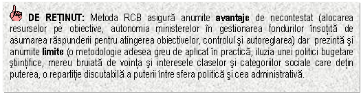 Text Box: DE RETINUT: Metoda RCB asigura anumite avantaje de necontestat (alocarea resurselor pe obiective, autonomia ministerelor in gestionarea fondurilor insotita de asumarea raspunderii pentru atingerea obiectivelor, controlul si autoreglarea) dar prezinta si anumite limite (o metodologie adesea greu de aplicat in practica, iluzia unei politici bugetare stiintifice, mereu bruiata de vointa si interesele claselor si categoriilor sociale care detin puterea, o repartitie discutabila a puterii intre sfera politica si cea administrativa.


