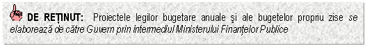 Text Box: DE RETINUT: Proiectele legilor bugetare anuale si ale bugetelor propriu zise se elaboreaza de catre Guvern prin intermediul Ministerului Finantelor Publice


