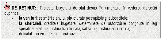 Text Box: DE RETINUT: Proiectul bugetului de stat depus Parlamentului in vederea aprobarii cuprinde:
- la venituri: estimarile anului, structurate pe capitole si subcapitole;
- la cheltuieli, creditele bugetare, determinate de autorizarile continute in legi specifice, atat in structura functionala, cat si in structura economica;
- deficitul sau excedentul, dupa caz.



