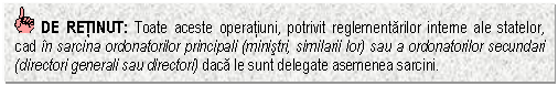 Text Box: DE RETINUT: Toate aceste operatiuni, potrivit reglementarilor interne ale statelor, cad in sarcina ordonatorilor principali (ministri, similarii lor) sau a ordonatorilor secundari (directori generali sau directori) daca le sunt delegate asemenea sarcini. 


