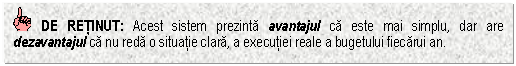Text Box: DE RETINUT: Acest sistem prezinta avantajul ca este mai simplu, dar are dezavantajul ca nu reda o situatie clara, a executiei reale a bugetului fiecarui an.



