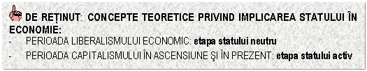 Text Box: DE RETINUT: CONCEPTE TEORETICE PRIVIND IMPLICAREA STATULUI IN ECONOMIE:
- PERIOADA LIBERALISMULUI ECONOMIC: etapa statului neutru
- PERIOADA CAPITALISMULUI IN ASCENSIUNE SI IN PREZENT: etapa statului activ
