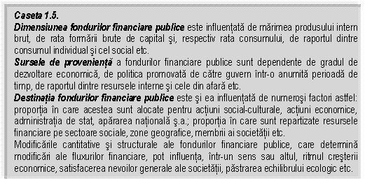 Text Box: Caseta 1.5.
Dimensiunea fondurilor financiare publice este influentata de marimea produsului intern brut, de rata formarii brute de capital si, respectiv rata consumului, de raportul dintre consumul individual si cel social etc.
Sursele de provenienta a fondurilor financiare publice sunt dependente de gradul de dezvoltare economica, de politica promovata de catre guvern intr-o anumita perioada de timp, de raportul dintre resursele interne si cele din afara etc.
Destinatia fondurilor financiare publice este si ea influentata de numerosi factori astfel: proportia in care acestea sunt alocate pentru actiuni social-culturale, actiuni economice, administratia de stat, apararea nationala s.a.; proportia in care sunt repartizate resursele financiare pe sectoare sociale, zone geografice, membrii ai societatii etc.
Modificarile cantitative si structurale ale fondurilor financiare publice, care determina modificari ale fluxurilor financiare, pot influenta, intr-un sens sau altul, ritmul cresterii economice, satisfacerea nevoilor generale ale societatii, pastrarea echilibrului ecologic etc.

