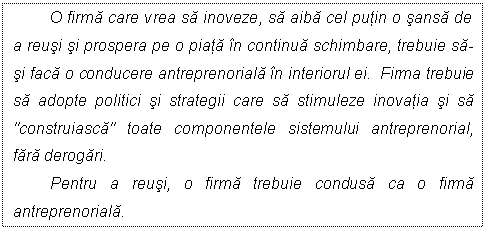 Text Box: O firma care vrea sa inoveze, sa aiba cel putin o sansa de a reusi si prospera pe o piata in continua schimbare, trebuie sa-si faca o conducere antreprenoriala in interiorul ei. Firma trebuie sa adopte politici si strategii care sa stimuleze inovatia si sa 'construiasca' toate componentele sistemului antreprenorial, fara derogari. 
Pentru a reusi, o firma trebuie condusa ca o firma antreprenoriala. 
